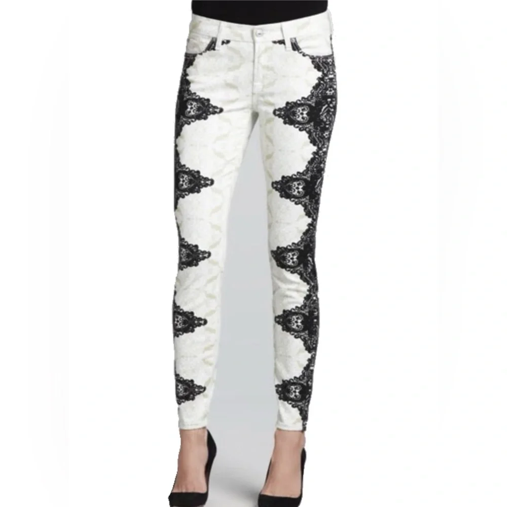 7 For All Mankind Cream Lace Printed Skinny Denim Sz. 27 *EUC* MSRP: $249+tax - Picture 1 of 9